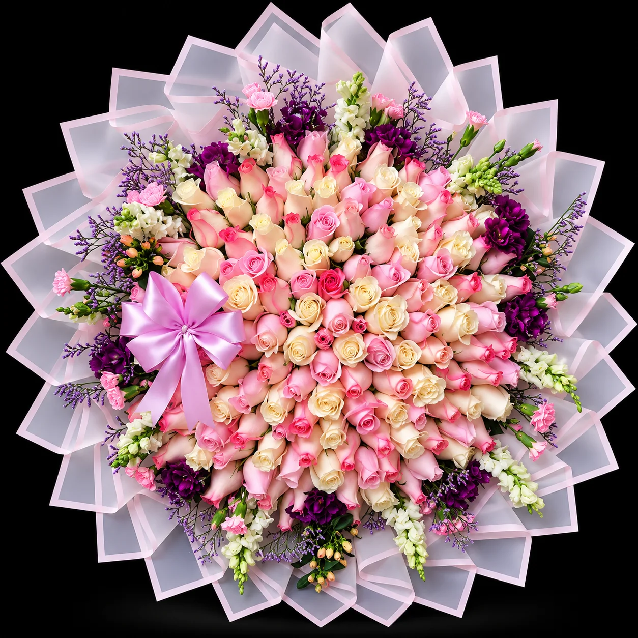 Hermoso ramo buchón de 150 rosas con flores de complemento al contorno y moño