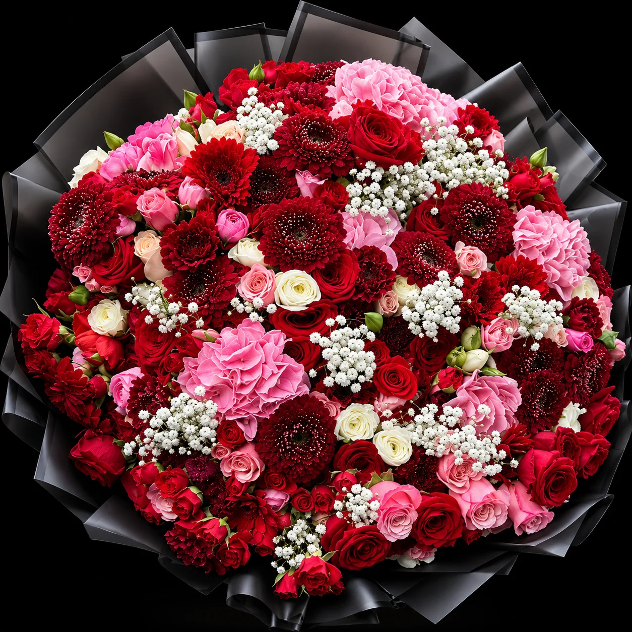 Buchon lujoso de 100 rosas y flor de complemento