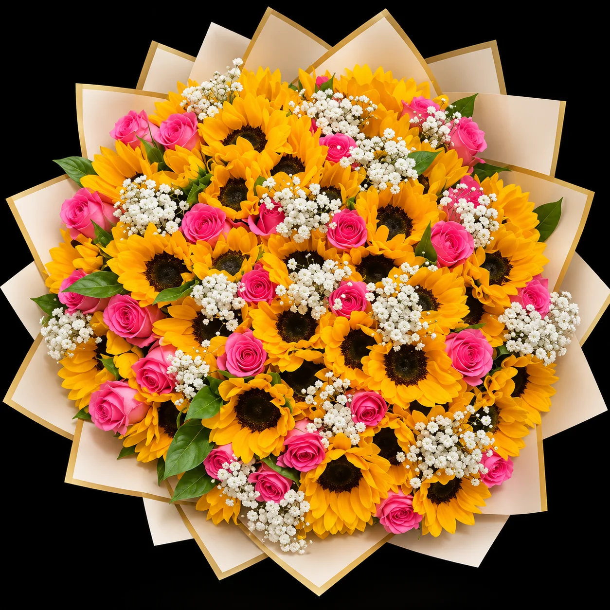 36 Girasoles con rosas y flor de complemento