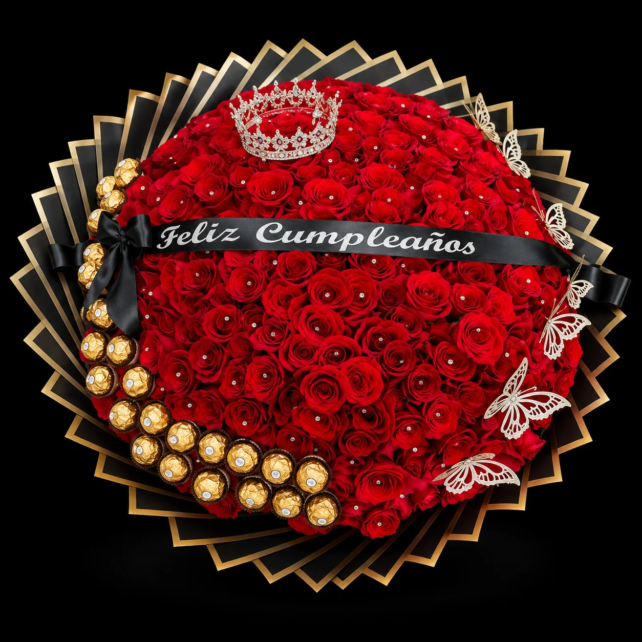 Ramo buchon de 200 rosas, 24 chocolates ferrero rocher y mariposas