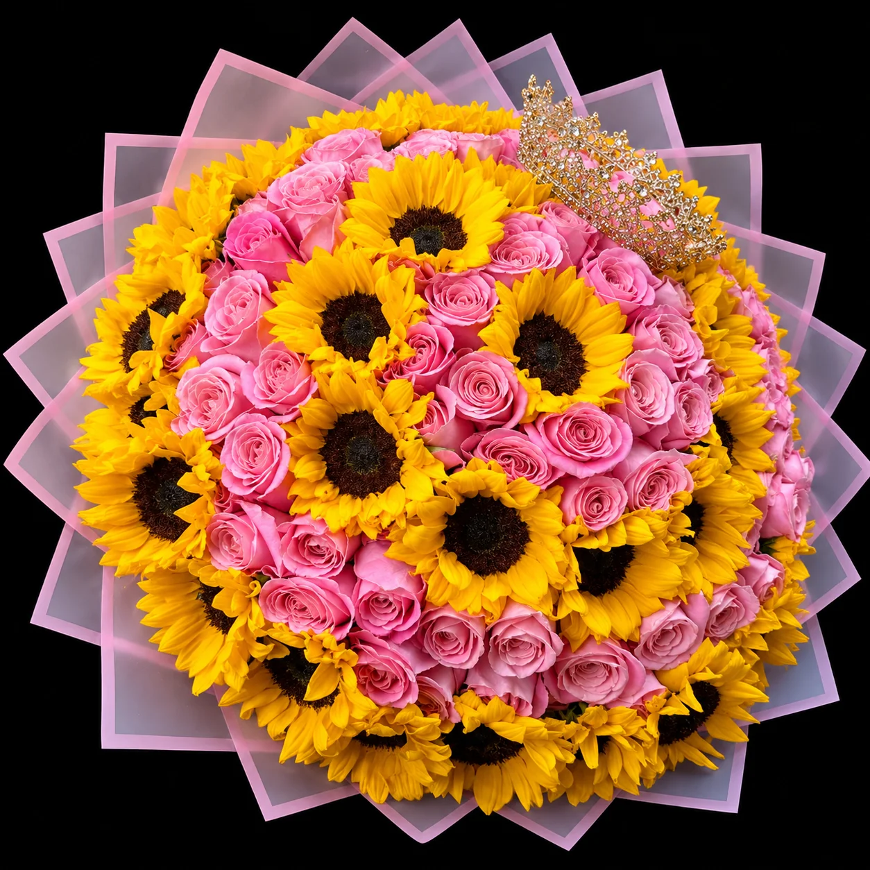 Ramo de 60 rosas, 36 girasoles y corona