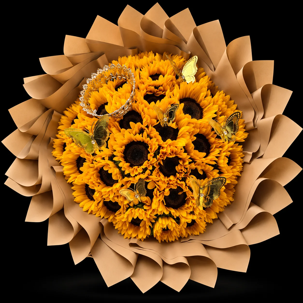 Ramo de 36 girasoles con corona y mariposas