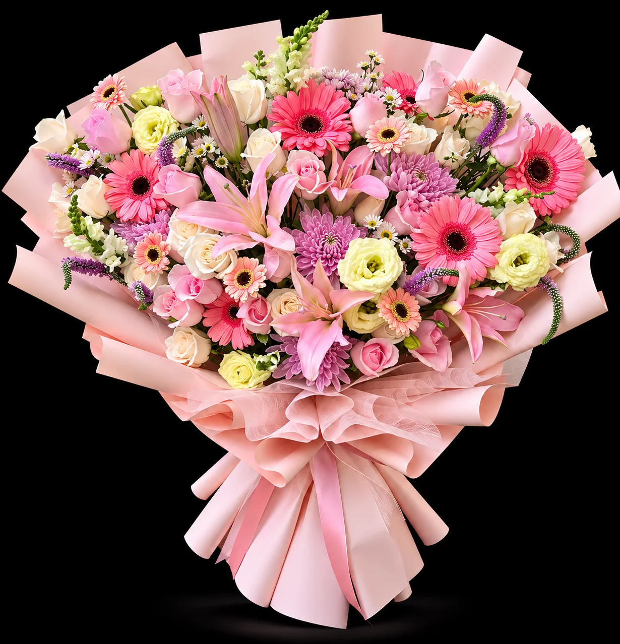 Ramo de 48 rosas, 2 Lirios, gerberas, mini gerberas, Snapdragon, veronicas, roxanas y lisianthus.