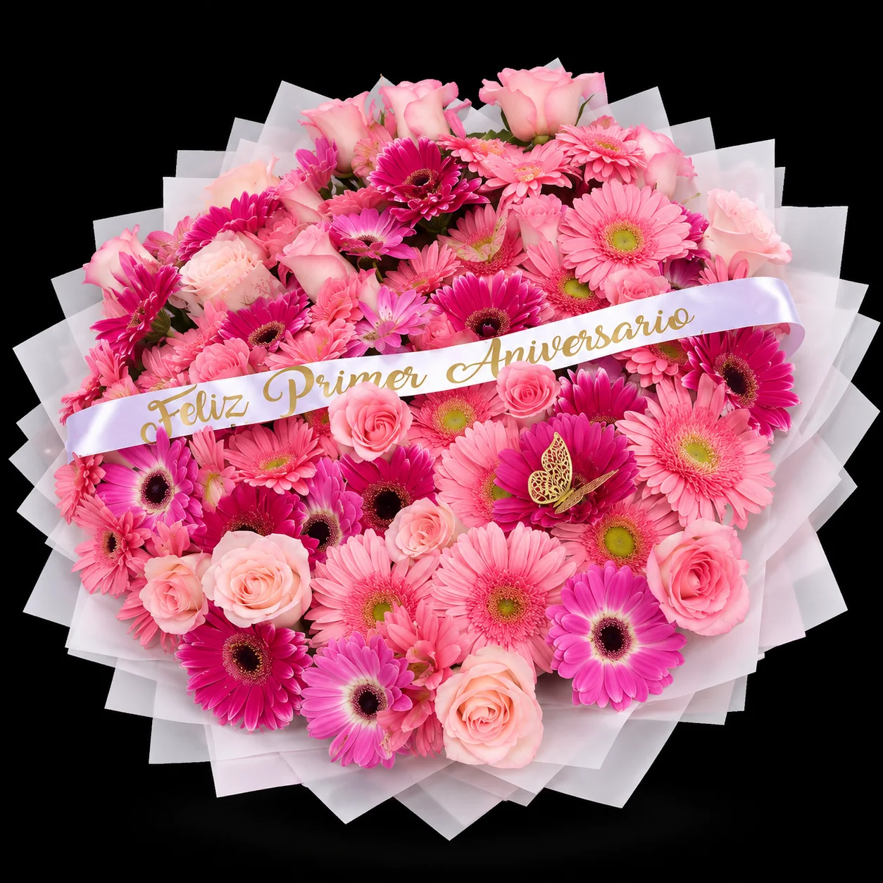 Ramo buchon de 50 gerberas y 24 rosas con banda personalizada