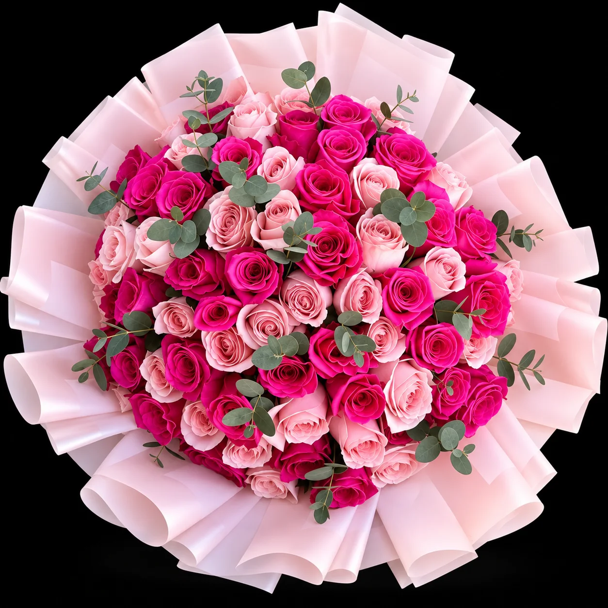 Ramo buchon de 85 rosas con eucalipto