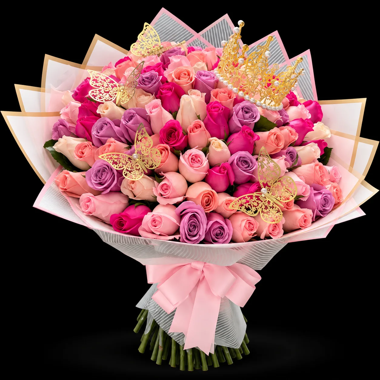 Ramo buchon queen de 100 rosas con corona y mariposas
