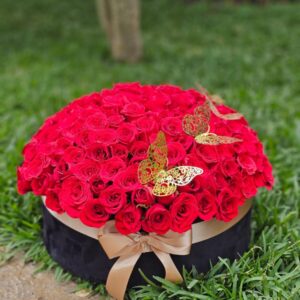 Caja redonda de 200 rosas y mariposas